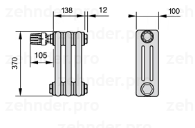 Схема (чертеж) Радиатор Zehnder Charleston 3037/3 №V011 Белый глянцевый RAL 9016